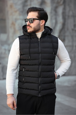 Mero Life Erkek Siyah Standart Fit Çıkarılır Kapüşonlu Cepli Fermuarlı Şişme Yelek