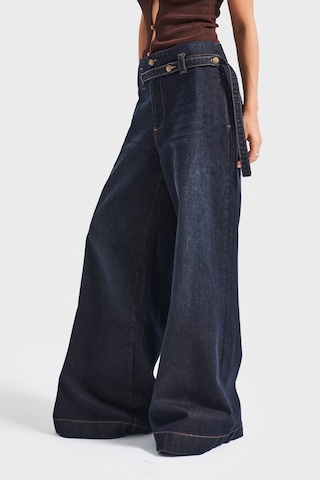 Itsbasic Kadın Koyu Kot Rengi 2w5-128 Süper Palazzo Fit %100 Koton Kemer Detaylı İç Boy 83cm Denim Jean