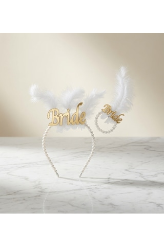 Bride İncili Tüylü Gold Taç Ve Bileklik Seti Bekarlığa Veda Kına Gecesi Aksesuarı Diğer