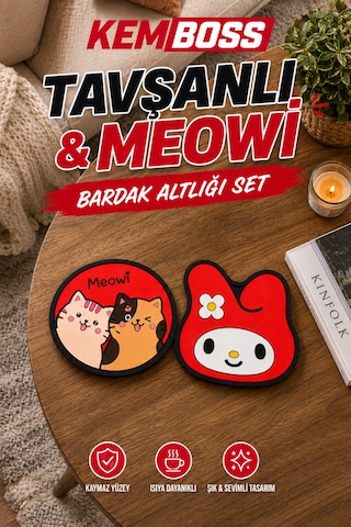 Kemboss Tavşanlı Ve Meowi Silikon Bardak Altlığı Seti 4'lü Kaymaz Isıya Dayanıklı Coaster Çok Renkli