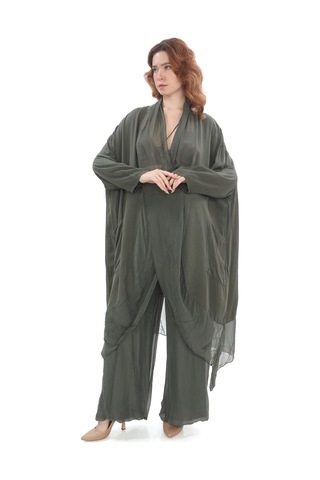 Bohem Stil Italyan Ipek Detaylı Oversize Kaftan & Bluz-8711 Koyu Haki