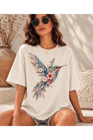 Velaura Studio Çiçekli Kuş Kadın T-shirt Ekru Velaura Studio Çiçekli Kuş Kadın T-shirt Ekru
