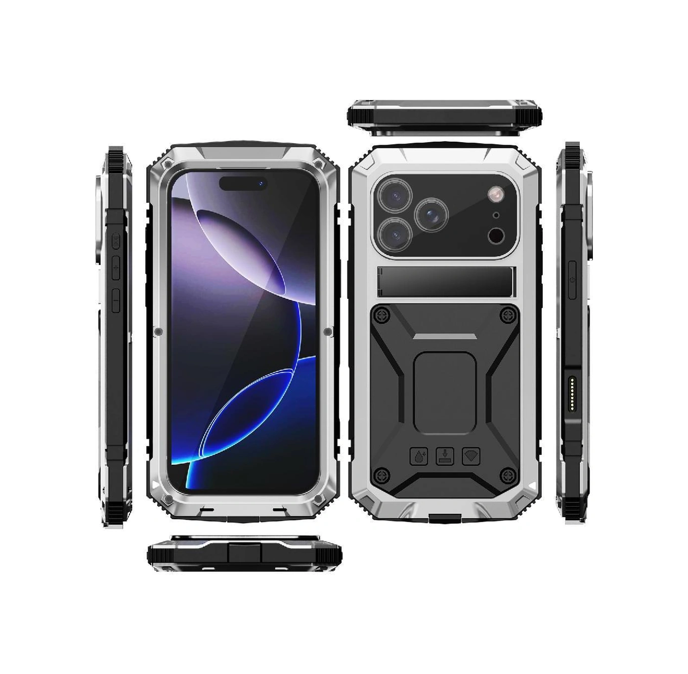 İphone 17 Pro Max İçin Metal Kılıf 360 Tam Koruma Kapak Cam Ekran Koruyucu Darbeye Dayanıklı Ağır Hizmet Kickstand İle