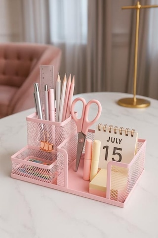 Need Nd-1033 Metal Mesh Masaüstü Organizer 3 Bölmeli, Çok Amaçlı Düzenleyici Pembe