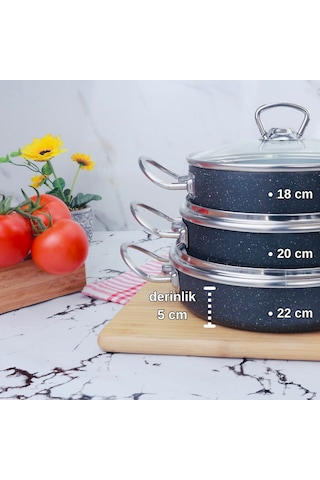 Meşeler Granit Omlet Sahan Seti 3 Lü Seti Siyah - İnox 18  x 20 x 22 CM