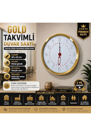 Gold Takvimli 40 X 40 Cm Metal Duvar Saati
