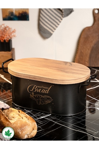 Lin Metal Ahşap Kapaklı Tel Kulplu Metal Ekmeklik - Siyah