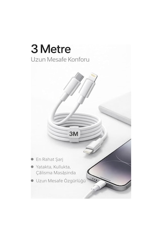Desıgn Apple iPhone Uyumlu Usb-c To Lightning Şarj Ve Data Kablosu, Beyaz 3m Diğer