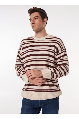 Mustang Erkek Kahve - Bej Bisiklet Yaka Loose Fit Çizgili Kazak M4wm-kzk-1622