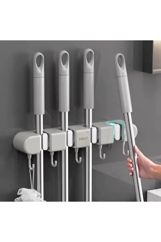 Suofeng Duvar Tipi Süpürge Tutucu - Deliksiz Kurulum, 4 Klem + 5 Kanca, Su Geçirmez, Yük Dayanımı 5kg, Banyo/mutfak Uygun, Gri Renk Gri