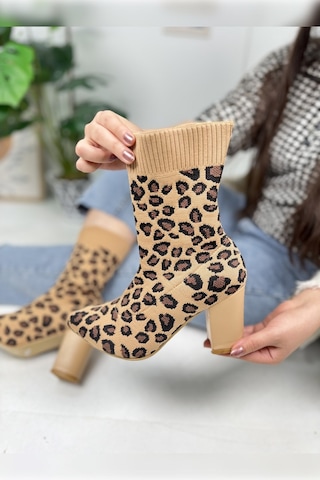 Günlük Kadın Streç Triko Kalın Yüksek Topuklu Bot Bootie Çorap Şeritli Sivri Burun Ayakkabı 167 Leopar