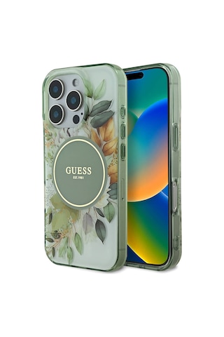 Apple iPhone 16 Pro Uyumlu Kılıf Guess Lisanslı Magsafe Şarj Özellikli Flower Tonal Circle Yeşil
