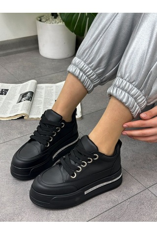 Erva'nın Butiği Siyah Cilt Miles Taş Detay Yüksek Taban Bağcıklı Sneakers-5636