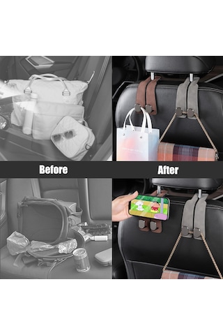 Aubyhe Oto Koltuk Arka Çift Kanca: Metal + Deri Araç İçi Çanta Tutucu, Telefon Tutucu, Organizasyon Aracı, Kahverengi Tek Adet