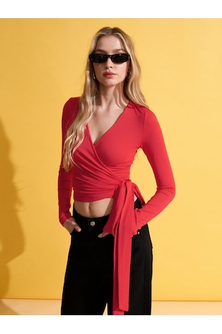Dilvin 32645 Uzun Kollu Kruvaze Top-kırmızı