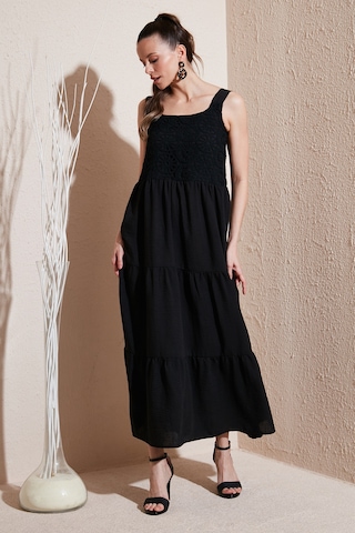 Lela Relaxed Fit Volanlı Uzun Bayan Elbise 611El010 Siyah