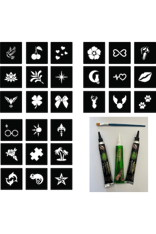 Enhavalı Enhavalı Geçici Dövme Tattoo Şablonu 27'li + Kına 3'lü + Fırça