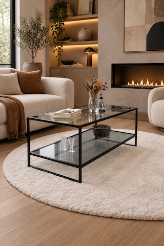 Teknor Füme Camlı Siyah Orta Sehpa Çift Raflı Modern Tasarım 90 50 46 Cm
