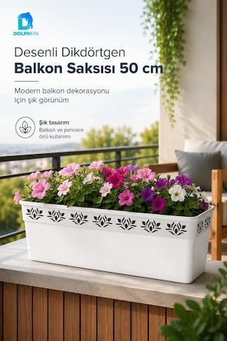 Desenli Dikdörtgen Balkon Saksısı 50 Cm 49x16x14,5 Cm Pp Plastik Çiçek Saksısı