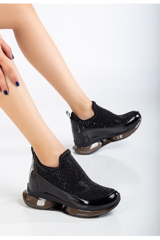 Geeta Ayakkabı Kadın Siyah Sneaker Ayakkabı Rahat Bilekli Air Taban