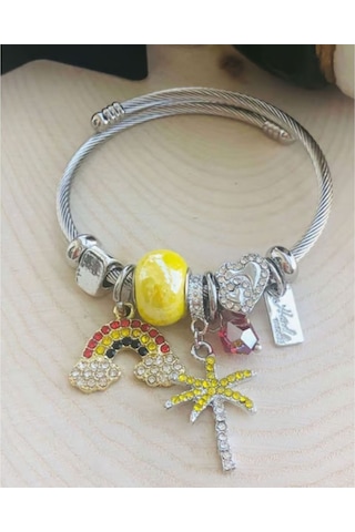 Sarı Taş Boncuklu Charm Kadın Bileklik Çelik Taşlı Figürlü Bileklik Gümüş