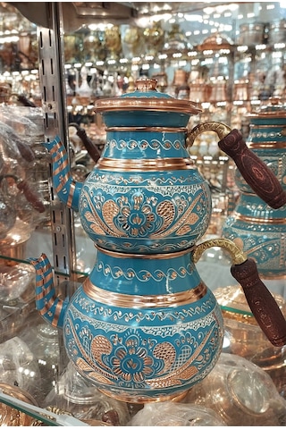 Bakır Çaydanlık El Işlemesi Çiçek Desenli Turkuaz Renk İşlemeli