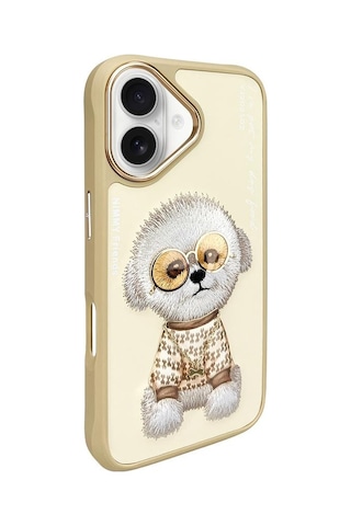 Apple Uyumlu iPhone 16 Gerçek Nakış İşlemeli Gözlük Ve Zincir Aksesuarlı 3d Köpekli Kılıf Şeffaf