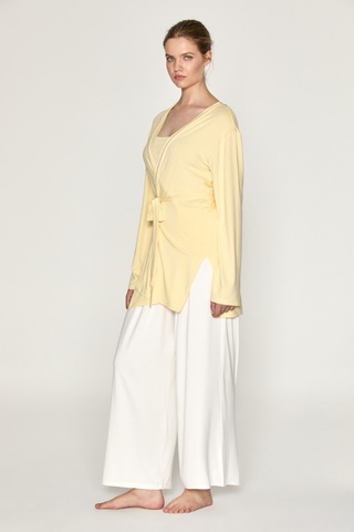 ETHIQUET Ethıquet Zalure Kadın Yumuşak Ve Esnek Kumaşlı Belden Bağlamalı Kısa Sarı Kimono
