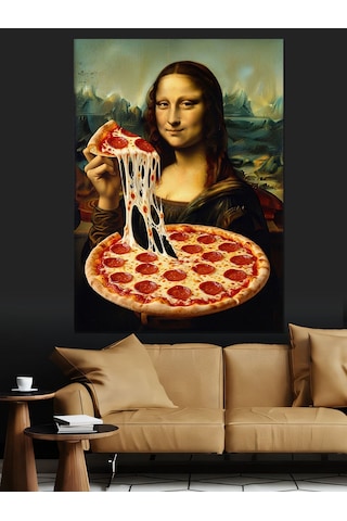 Pizza Yiyen Mona Lisa Portresi Dekoratif Kanvas - Mdf Ahşap Tablo