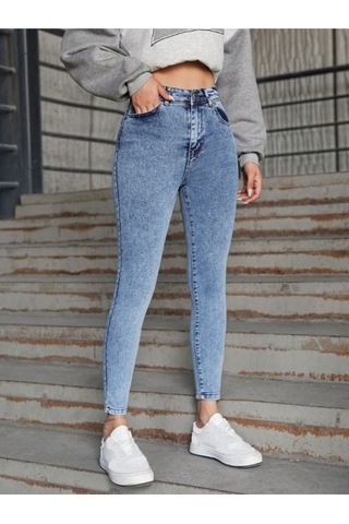 Yüksek Bel Mavi Kar Yıkama Skinny Dar Paça Jean Kadın Mavi