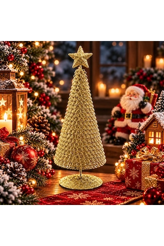 Vıp Tasarım Gold Metal 23 Cm Gold Yılbaşı Ağacı Metal Parlak Simli Gold Noel Ağacı Yılbaşı Çam Ağacı