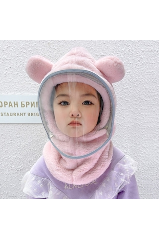 Ikkb Çocuk Rüzgar Geçirmez Maske Yaka Peluş Kulaklıklı Pembe