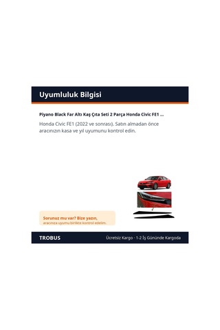 Trobus Piyano Black Far Altı Kaş Çıta Seti 2 Parça Honda Civic Fe1 2022 Ve Sonrası Uyumlu