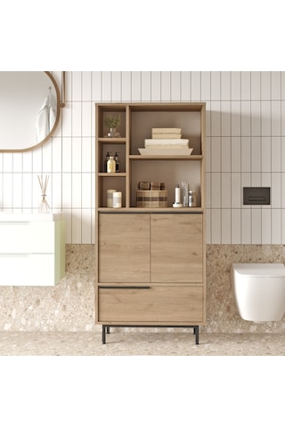 Lidya Banyo Dolabı Çok Amaçlı Dolap 3 Kapaklı Metal Ayaklı Sepet Kahverengi