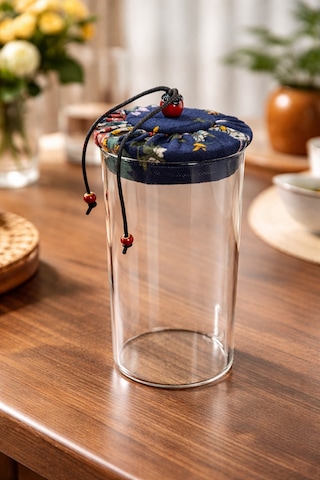 Makri Home 800 Ml Borosilikat Cam Hava Geçirmez Lacivert Kumaş Kaplama Bambu Kapaklı Kavanoz, Çap:8 Cm, H:21 Cm Lacivert