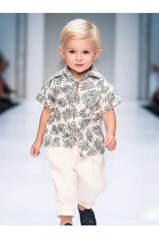 Erkek Bebek Desenli Gömlek Keten Pantolonlu Takım-15854 renkli