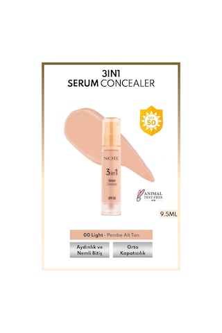 Note Cosmetics 3 in 1 Serum Concealer SPF 50 Nemlendirici ve Aydınlatıcı Göz Altı Kapatıcısı - 00 Light