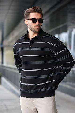 Madmext Siyah Çizgili Polo Yaka Erkek Sweatshirt E7172 Siyah