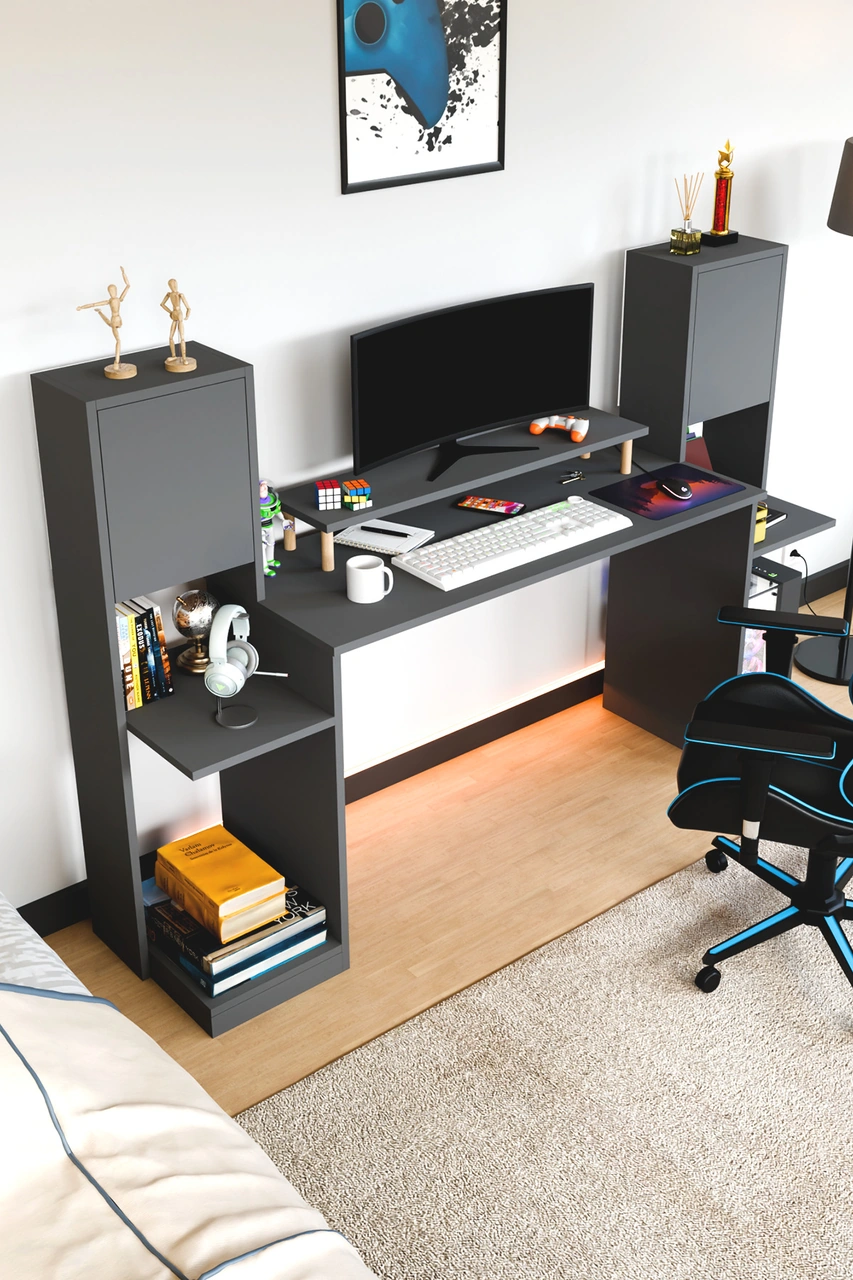 Throne Dolaplı, Kitaplıklı, Raflı Çalışma Masası, Bilgisayar Masası, Çocuk Çalışma Masası Antrasit Gri Antrasit