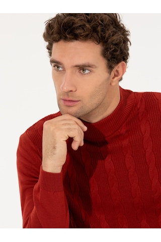 Cacharel Kiremit Slim Fit Yarım Balıkçı Triko Kazak Kırmızı