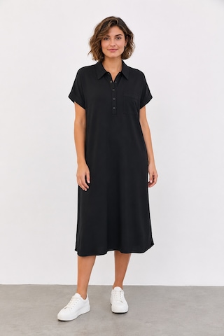 Bihan Store Düğmeli Yakalı Göğüs Cepli Kısa Kollu Midi Boy Shift Elbise Y26-30383-siyah