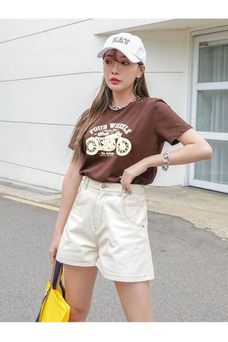 Flood Of Style Kadın Kahverengi Four Baskılı Bisiklet Yaka Tshirt