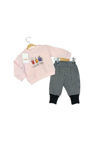 Kız Bebek Smoothie Sweat Pitikare Pantolonlu Takım-13579 Pudra