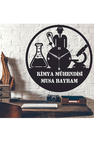 Kimya Mühendisi Temalı Ahşap Duvar Saati Siyah