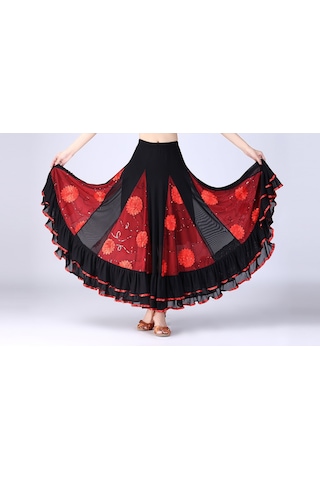 Sones Pullu Çiçek Salıncak Modern Dans Eteği Siyah Çiçek+kırmızı Siyah - Kırmızı
