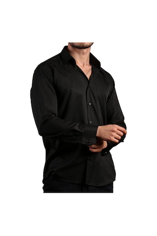 Siyah Büyük Beden Rahat Kesim Micro Kumaş Kol Düğmeli Regular Fit Erkek Gömlek - 190-6 001