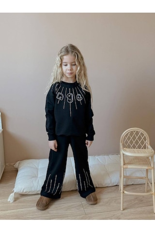 Miniko Kids Kız Çocuk Bayramlık Angel Taşlı 2li Pamuk Takım Siyah