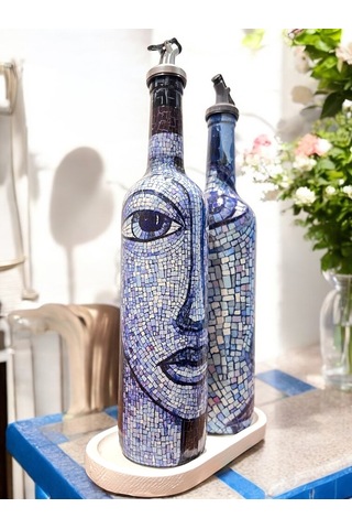 Anadolu Mozaik Sanatı Motifli Soyut Tasarım Yağdanlık Seti-sirkelik Sosluk Seti- Ev Ve Mutfak Mavi