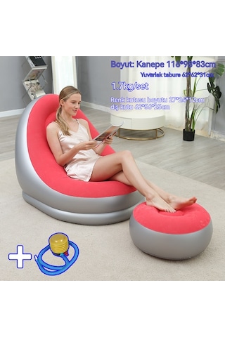 Ikkb Şişme Tembel Koltuk Pedalı İki Parçalı Taşınabilir Dış Mekan Mobilyaları Ayak Pompalı Pembe Pembe