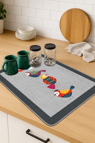 Gri Papağanlı Microfiber Bulaşık Kurutma Kurulama Matı Mm022